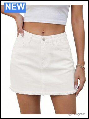 Women's Mid Rise Denim Skirt Frayed Hem Mini Jean Skirt with Pockets